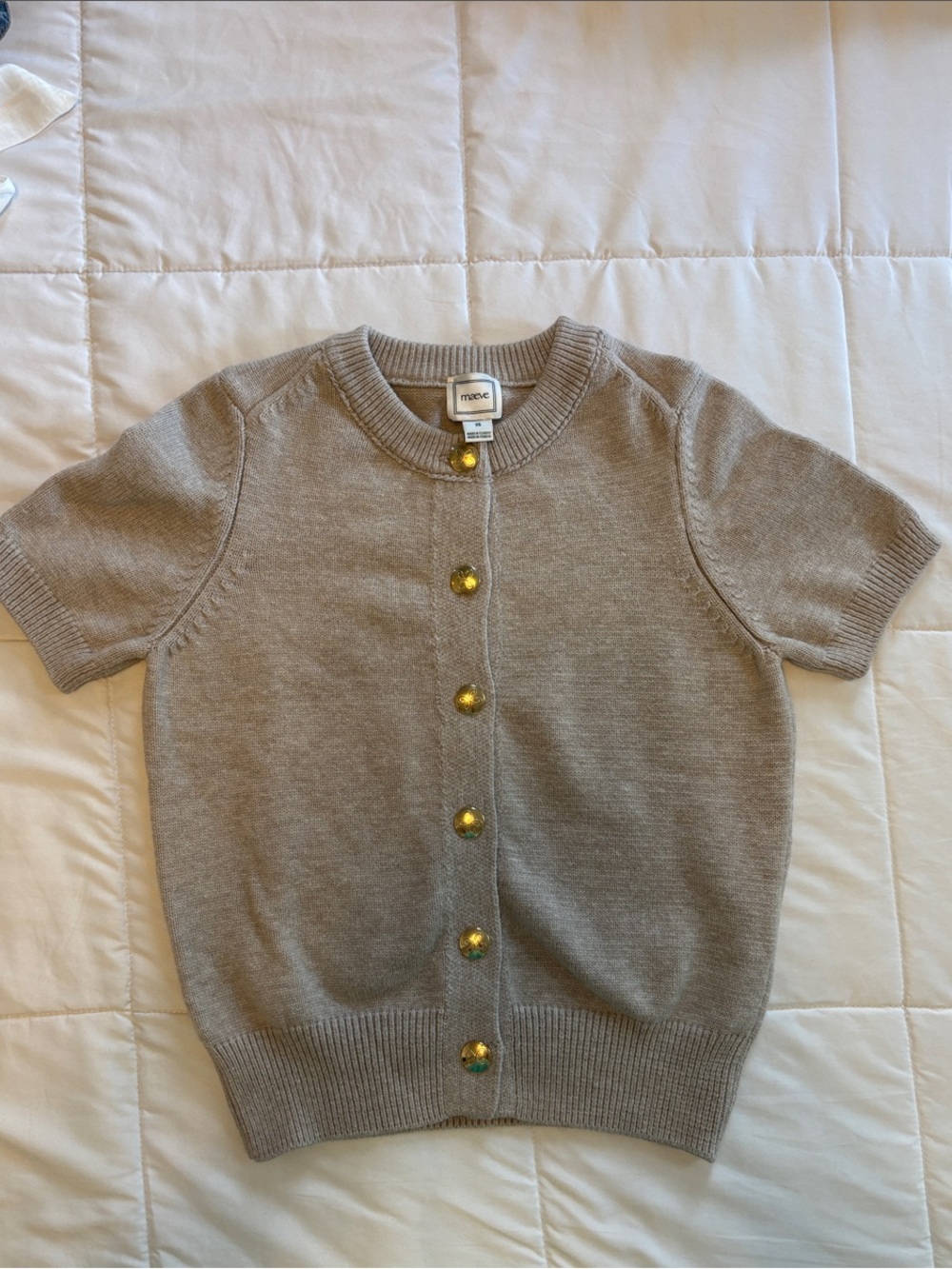 Maeve Short-Sleeve Cardigan in Taupe with Gold Buttons